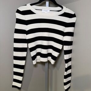Promise Striped‎ Knit Crop Top Crewneck Sweater Black Cream Ribbed Small